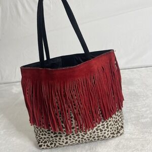 Savini Bettina Bag Purse Cheetah Leopard Print Leather Red Fringe Made in Italy
